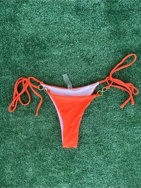 NWOT SHEIN Neon Orange Gold O-Ring Tie Side Thong Bikini Bottom Size Small